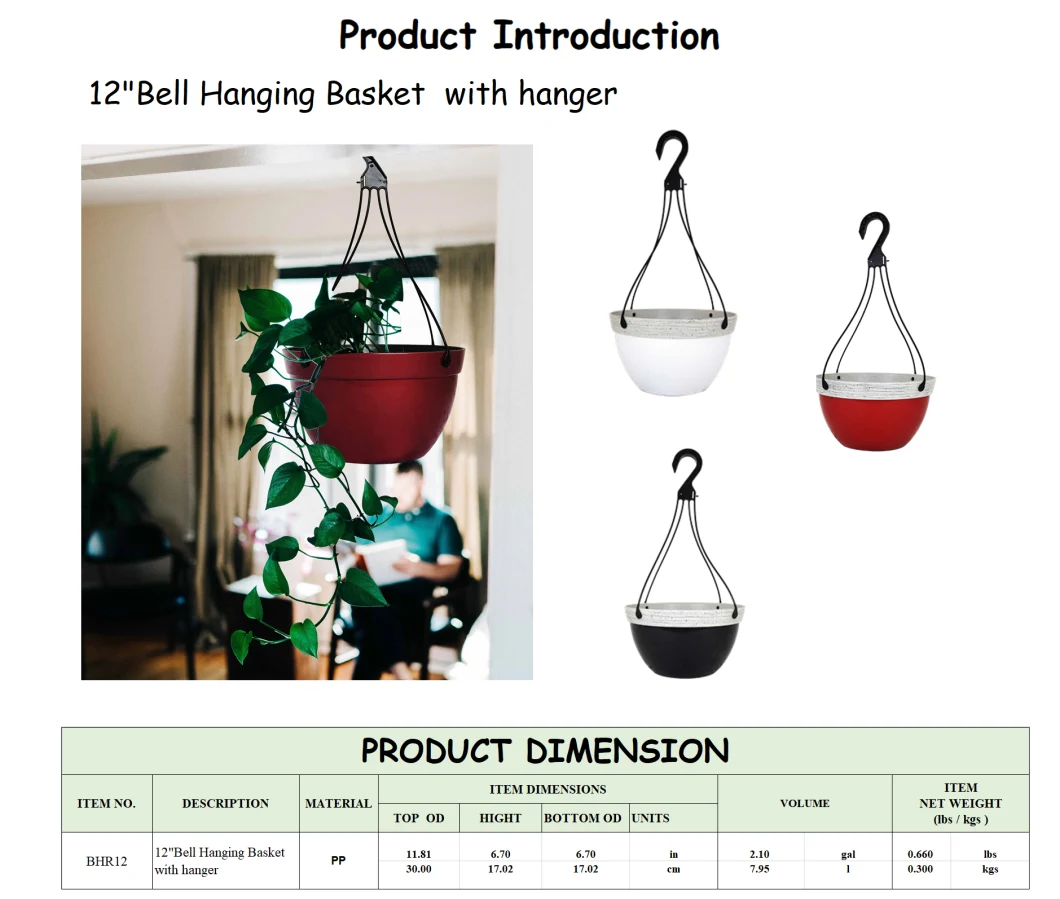 OEM Factory Directly Sale High Quality Cheap Price Large Waterproof PP 12inch Bell Hanging Basket Plastic Flower Pot Plant Pot Garden Planter