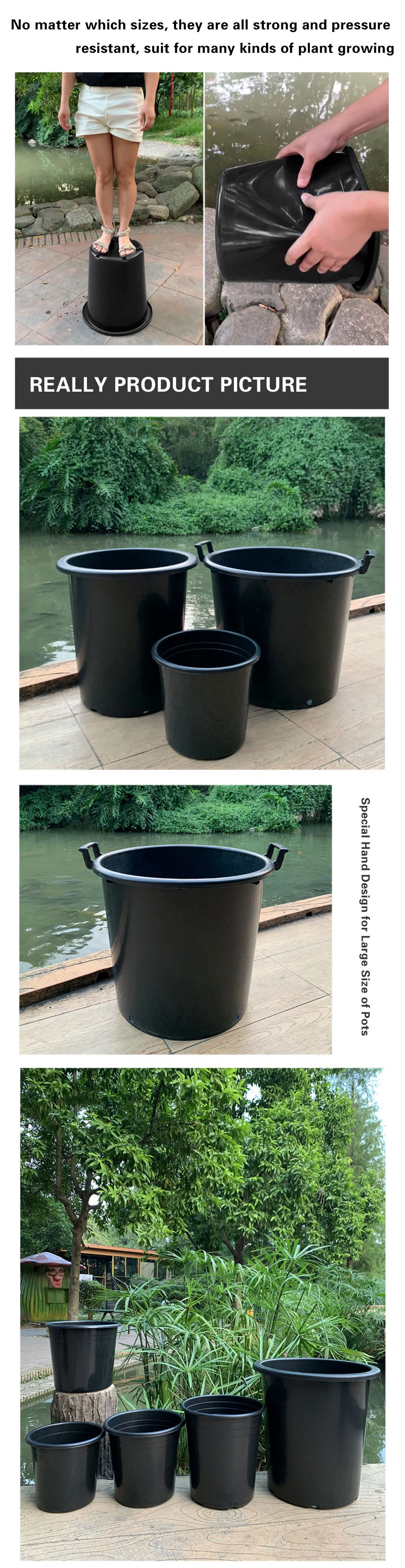 Black Thickened Plastic Injection Heavy Duty Sturdy Planter Flower Tree Grow Pot Outdoor From 2 to 50 Gallon for Plant Nursery Wholesale