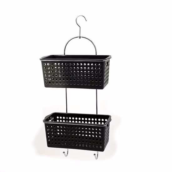 2-Tier Chrome Metal Hanging Bathroom Wall Hook Wire Basket with 2 Removable Storage Plastic Baskets