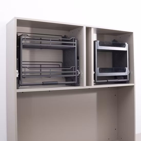 Wide 900 Flat Glass Wooden Kitchen Wall Units Cabinet Lifting Iron Powder Coated Sand Grain Gray Shelf Pull-Down Seasoning Hanging Basket