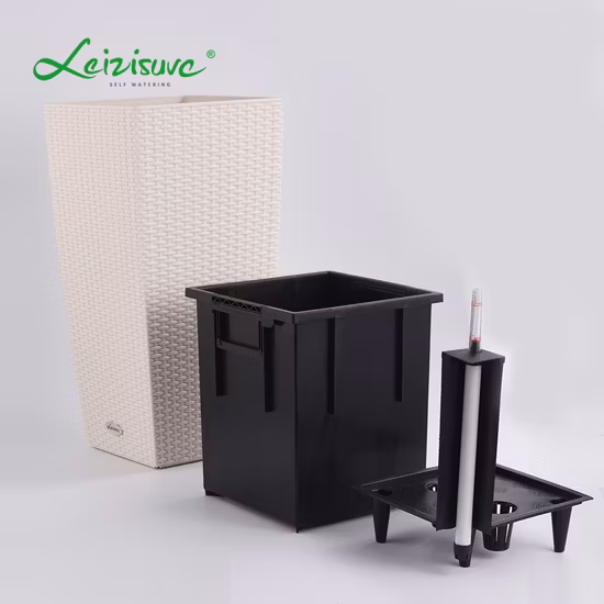 Factory Directly Sale Tall Square Rattan Flower Pots for Balcony Garden Baking Varnish Plastic Pots for Outdoor (HG-TB04-1)